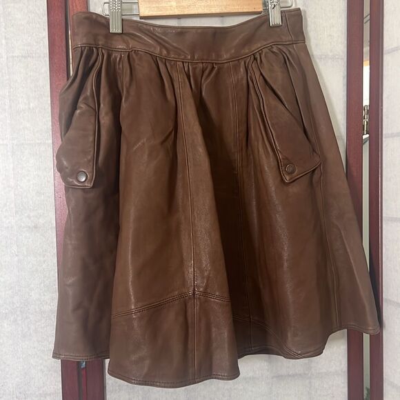ANTHROPOLOGIE DAUGHTERS OF LIBERATION BROWN LEATHER GATHERED SKIRT‎ SIZE 2 - Picture 1 of 14